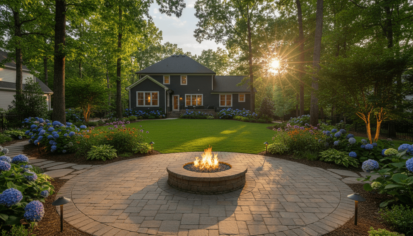 Backyard paver patio with fire pit and landscape lighting at dusk