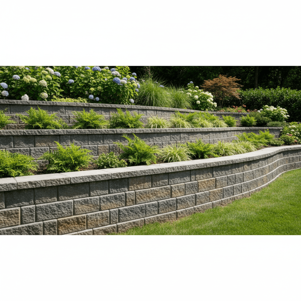 Curved multi-level stone retaining wall featuring lush green plants, ferns, and blooming hydrangeas.