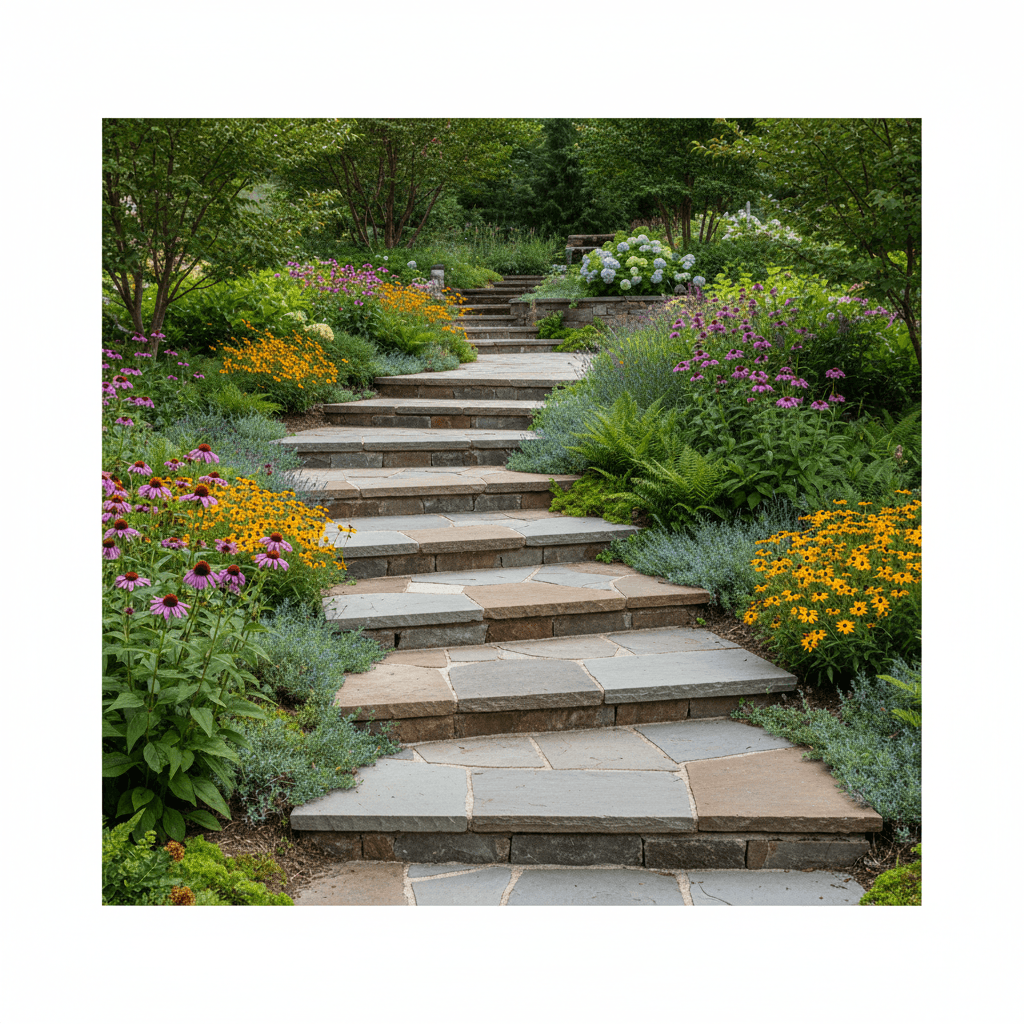 Flagstone steps wind through a lush garden filled with purple coneflowers and yellow black-eyed Susans.