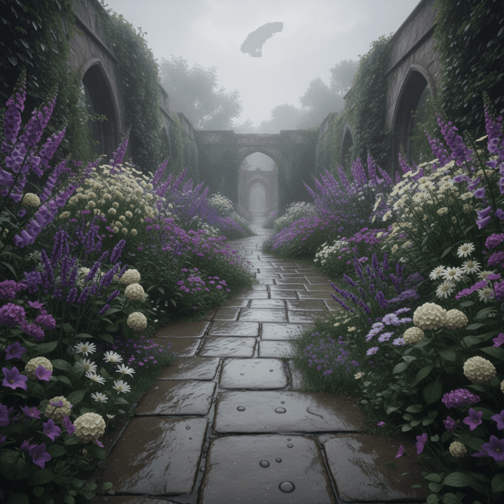Stone path through a blooming garden