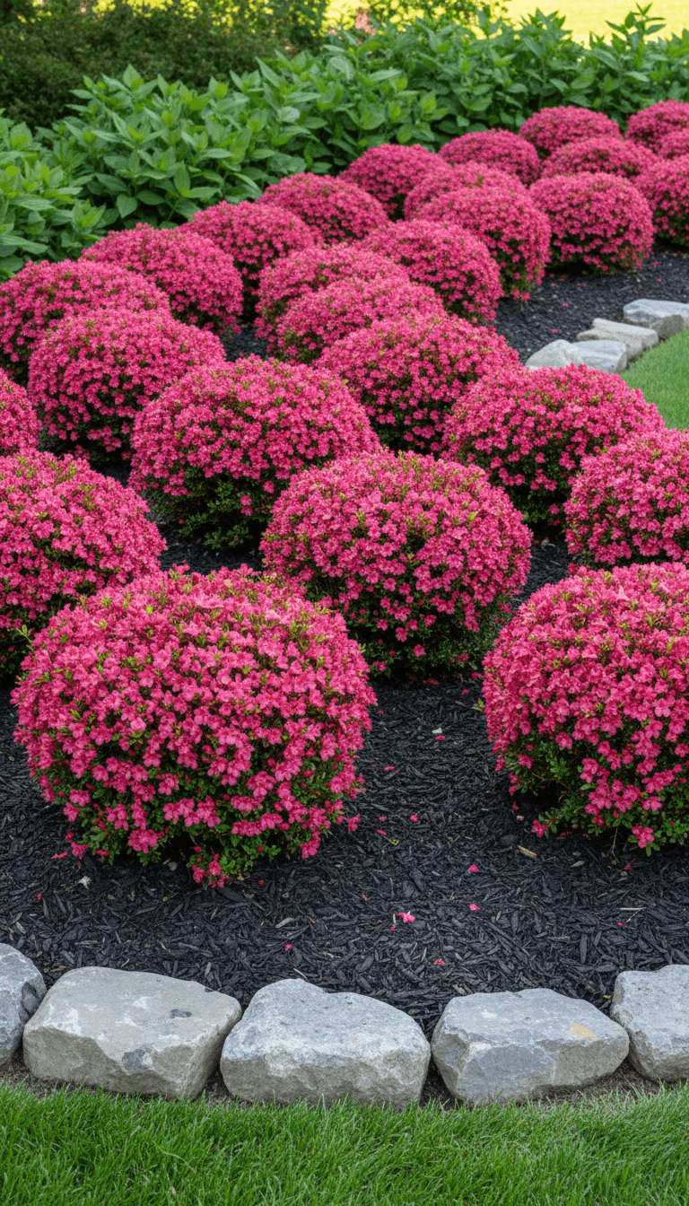 Green bushes with small pink flowers in a garden bed of dark brown mulch.