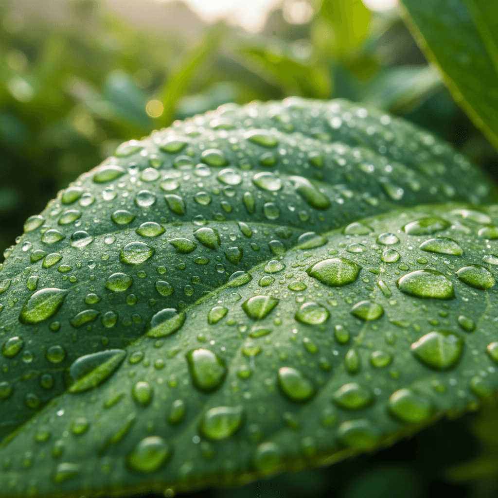 close up of fresh green leaf with water droplets