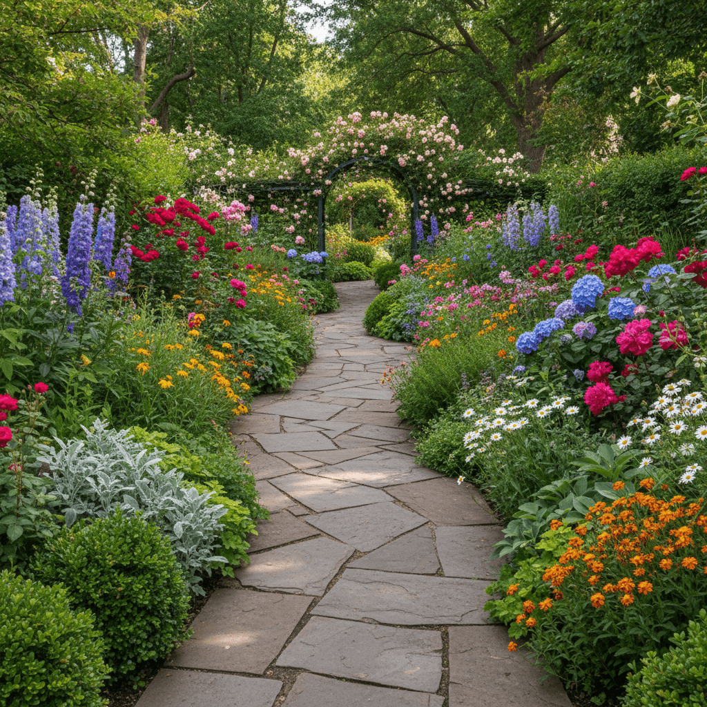 Stone walkway through garden