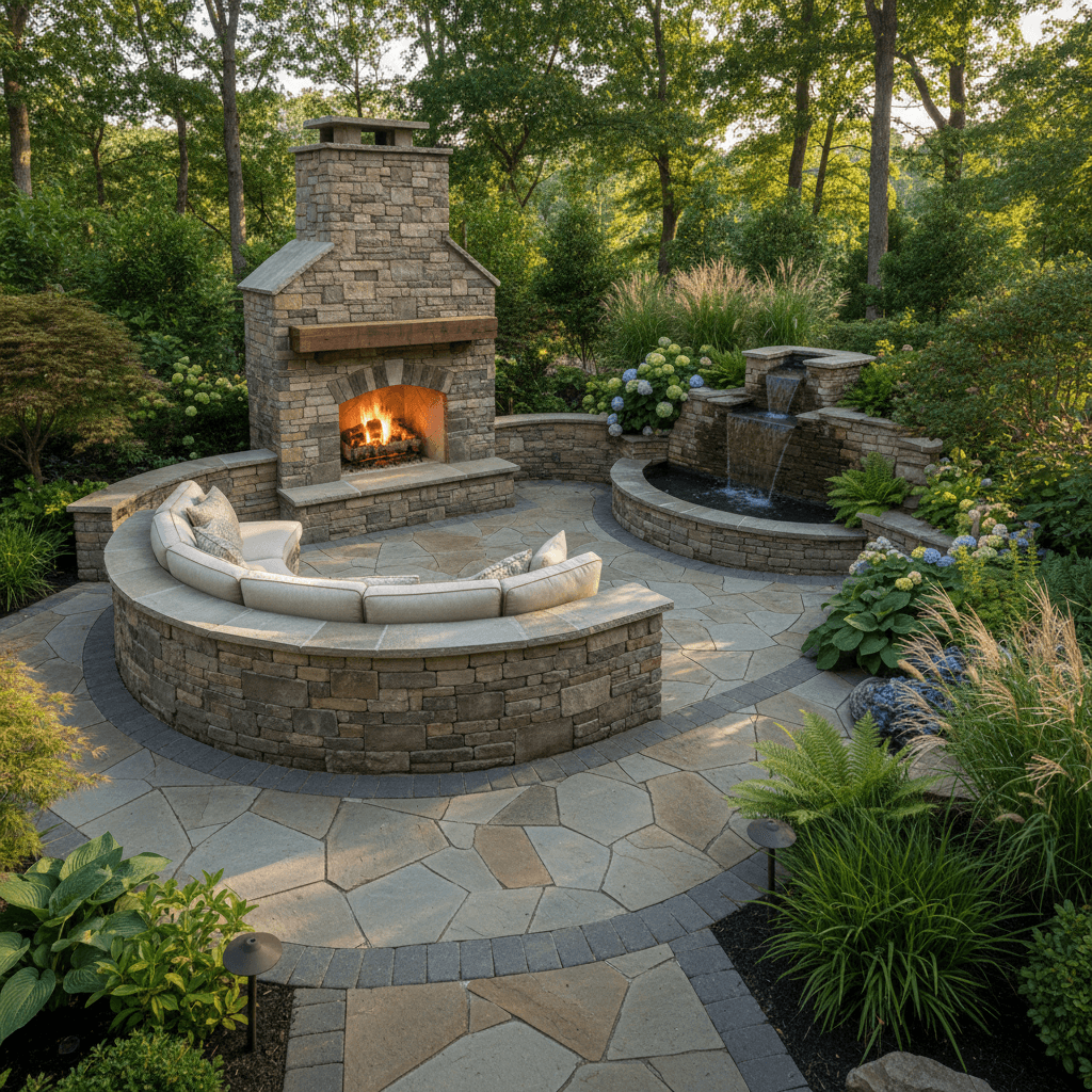 Outdoor flagstone seating area with central fireplace, adjacent to a tranquil water feature.
