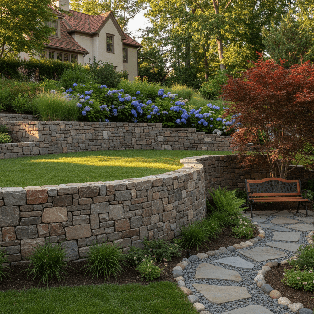 Stone retaining wall in a garden