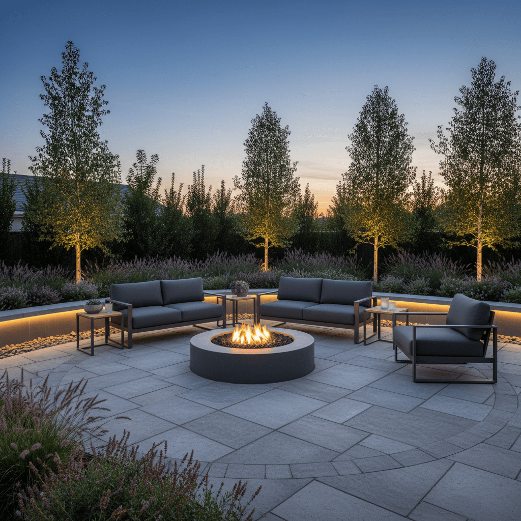 paver patio with modern outdoor furniture and fire pit in backyard landscape