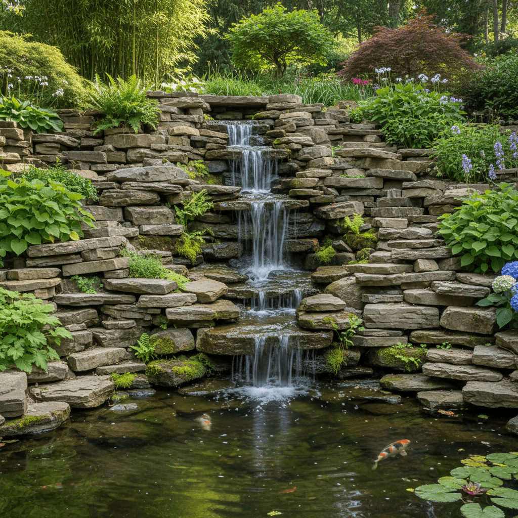 natural stacked stone waterfall in garden pond