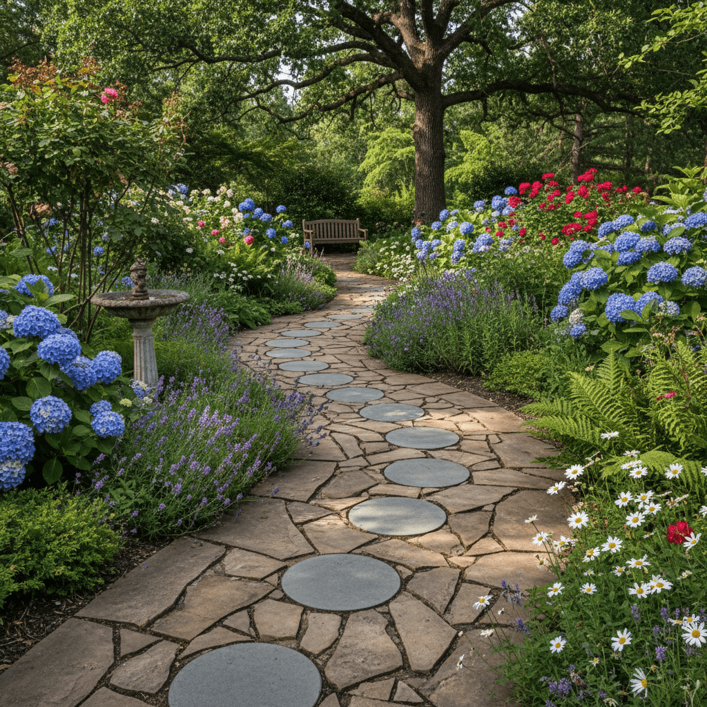 flagstone walkway through a garden with stepping stones