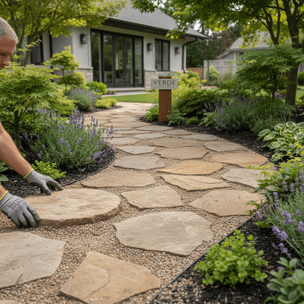 Hands of a landscaper placing stone pavers on a garden path with new plants in a residential setting.