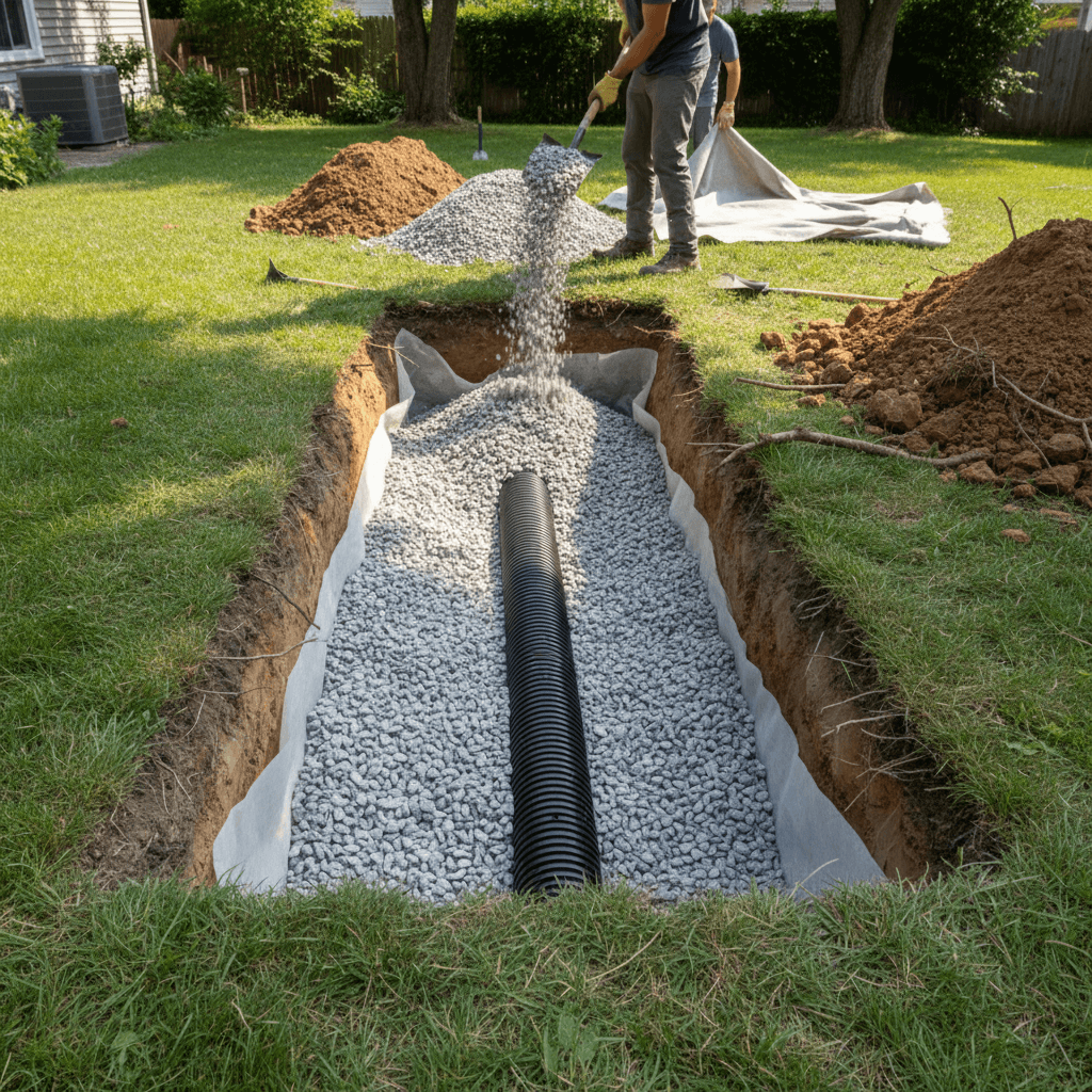 French drain installation in trench