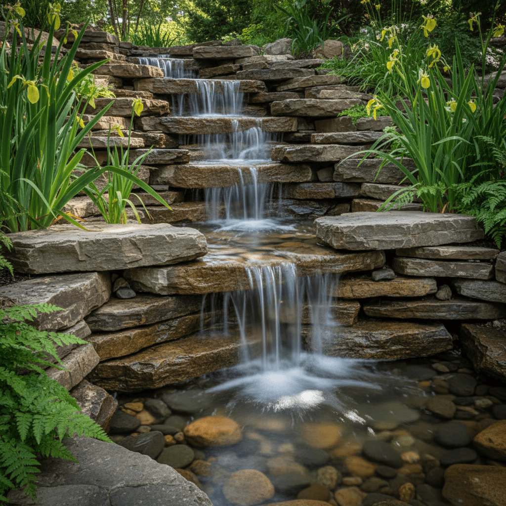 Flowing water cascading over stacked stones with surrounding native plantings creating a completed water feature detail.