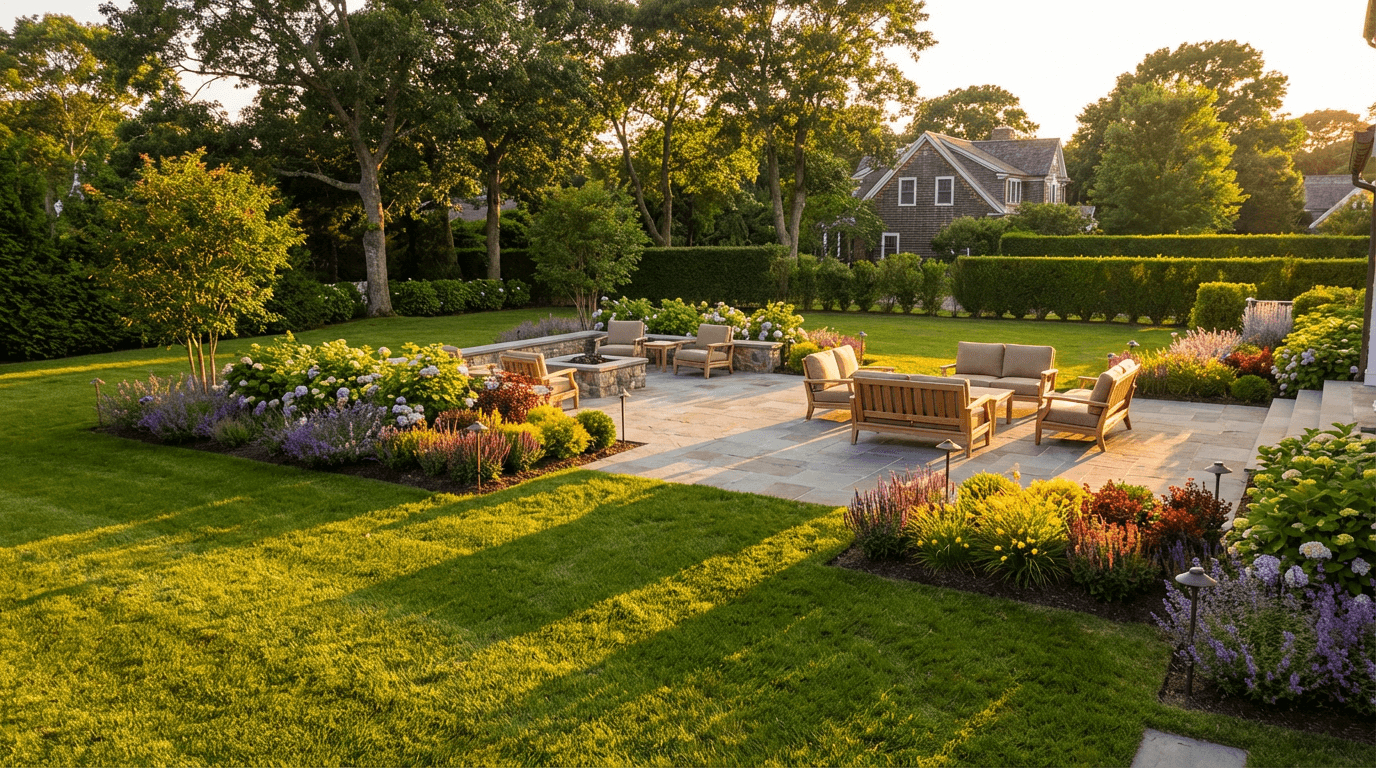 Completed landscape patio project in Canton with designer surveying the finished hardscape work