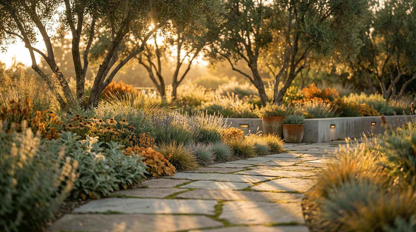 A fresh, bright lifestyle aesthetic wide shot of a curved flagstone walkway leading through a garden landscape