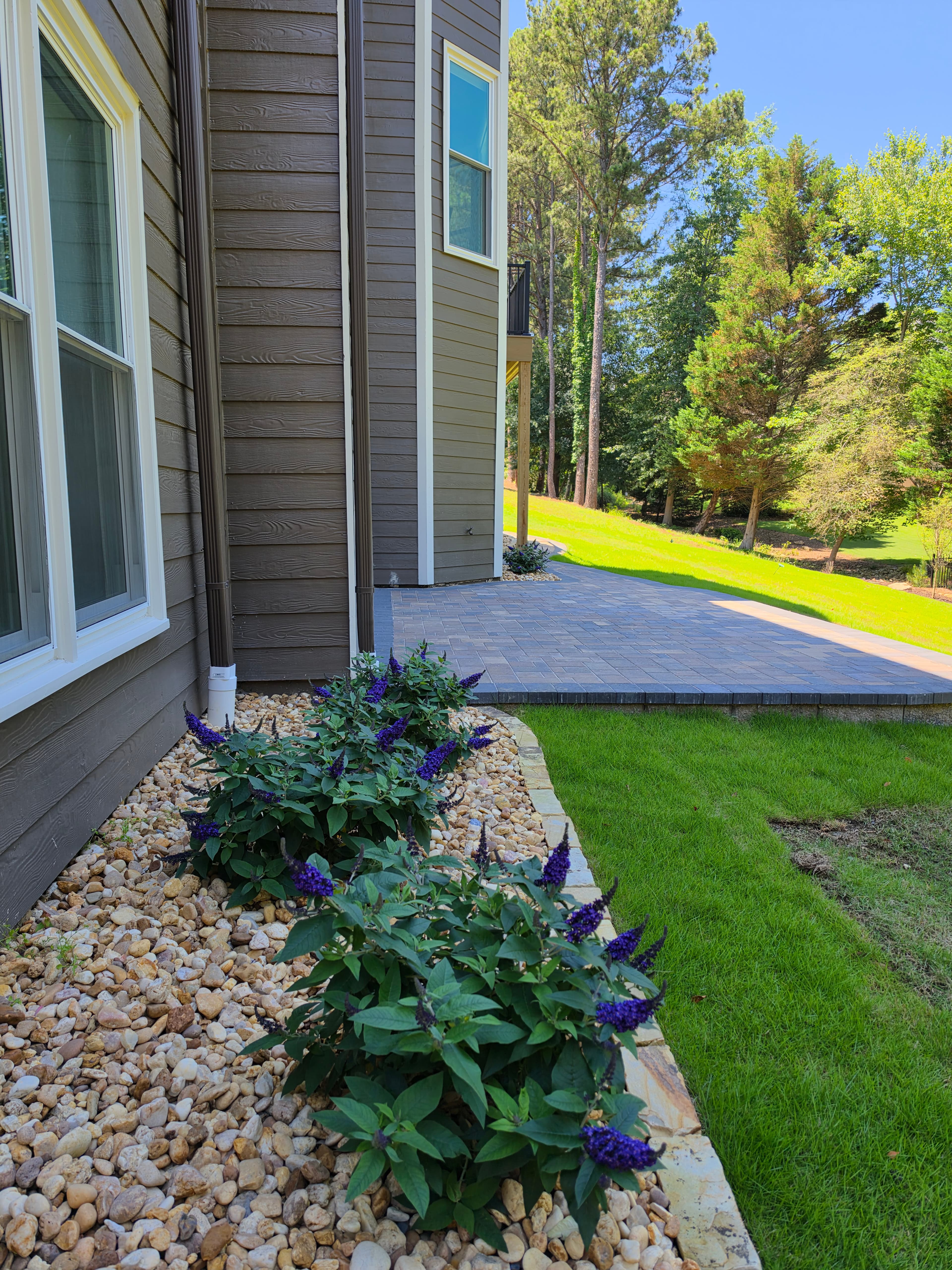 Purple flowering bushes in a rock garden bed beside a house with a stone patio.