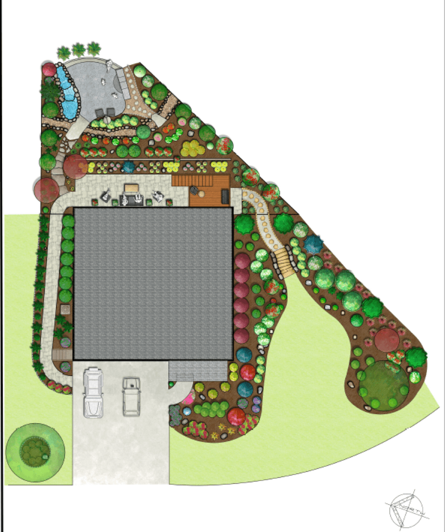 Top-down architectural landscape design plan showing a house, colorful gardens, pathways, and a pond.