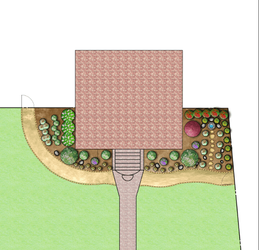 Top-down landscape plan featuring a house, brick walkway, colorful garden beds, and green lawn.